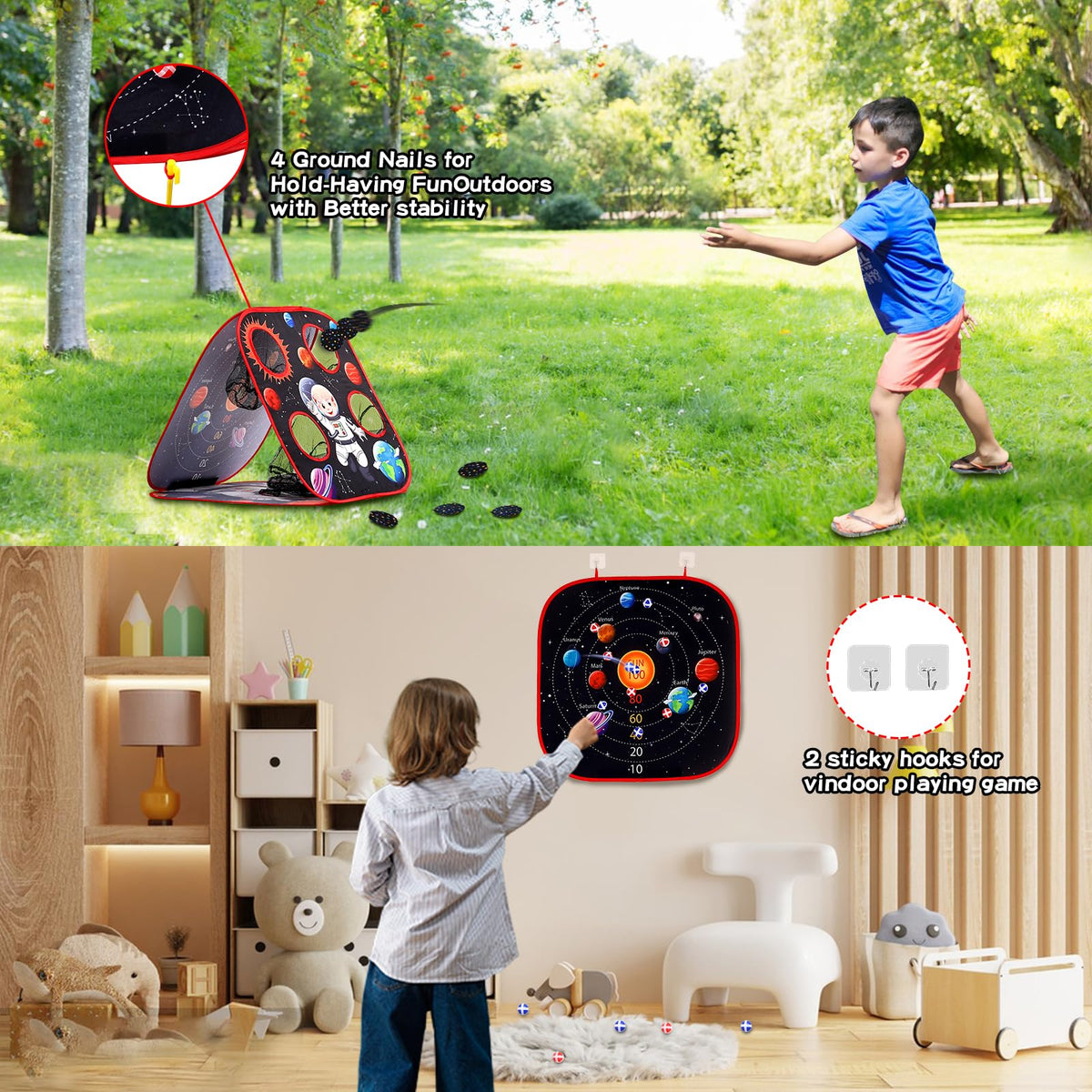 VSUNTENT sticky-ball throw action showing wall-mount practice and scoring option
