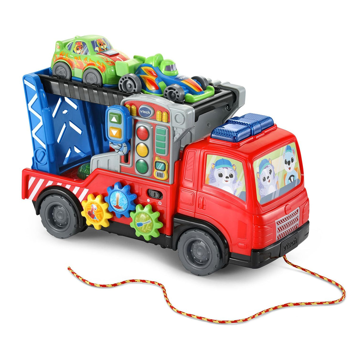 VTech 3-in-1 Fix and Haul Truck car carrier play scene encourages pretend cargo adventures