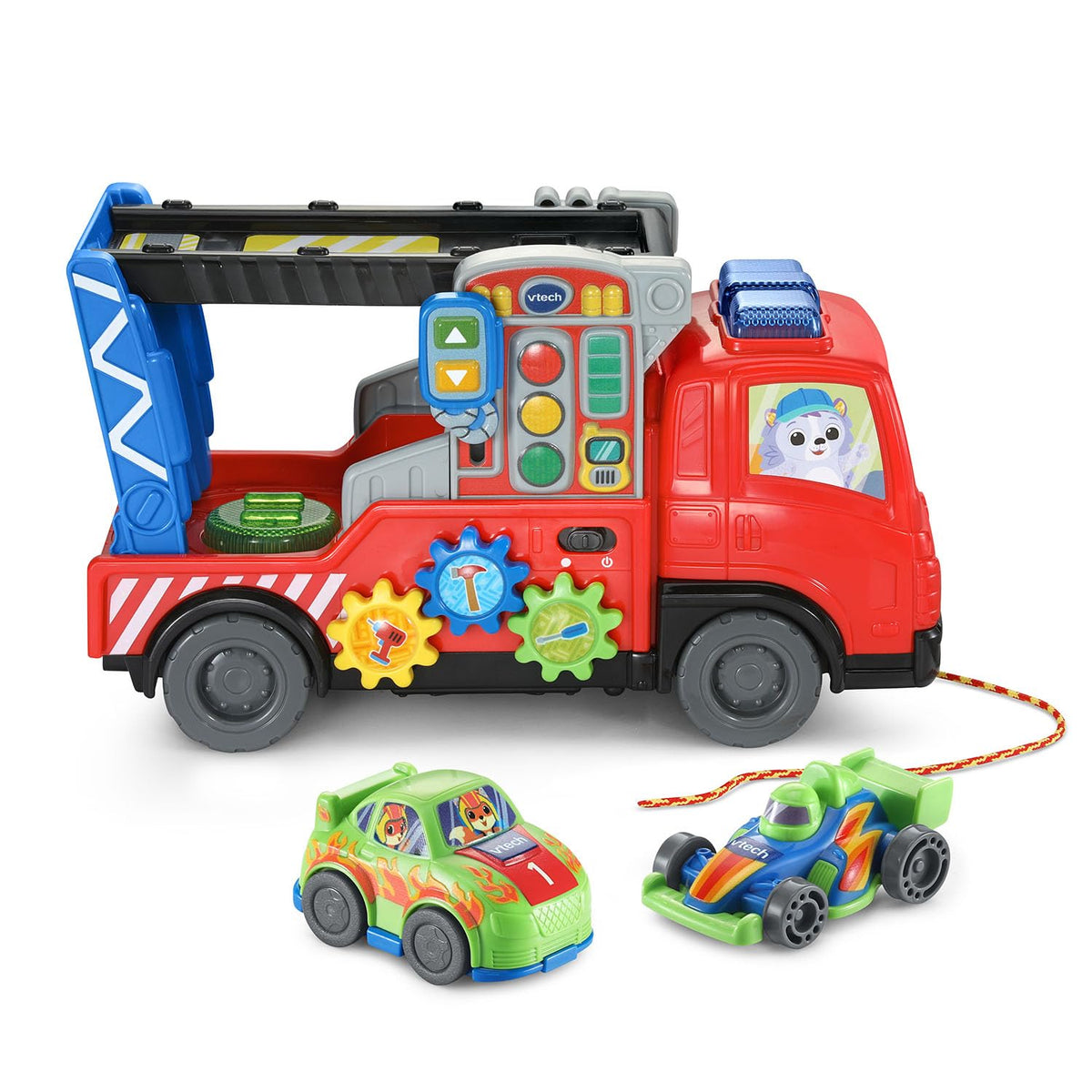VTech 3-in-1 Fix and Haul Truck repair center with lift and gears for pretend maintenance