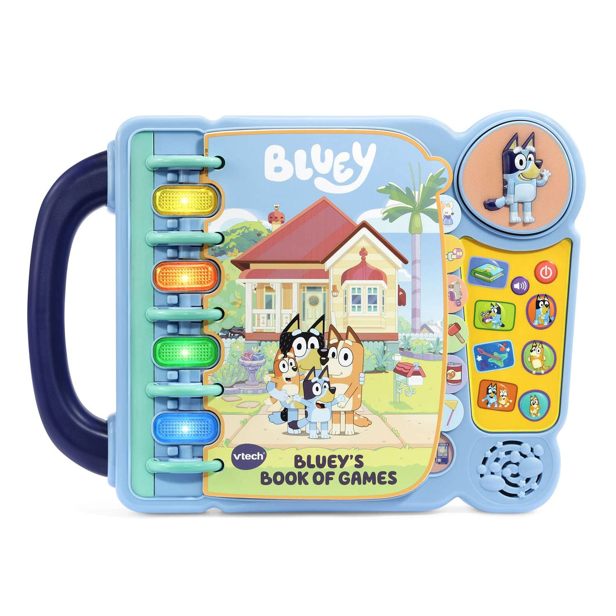 VTech Bluey Books of Games story mode page with Bluey and Bingo for imaginative pretend play