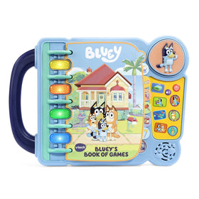 VTech Bluey Books of Games story mode page with Bluey and Bingo for imaginative pretend play