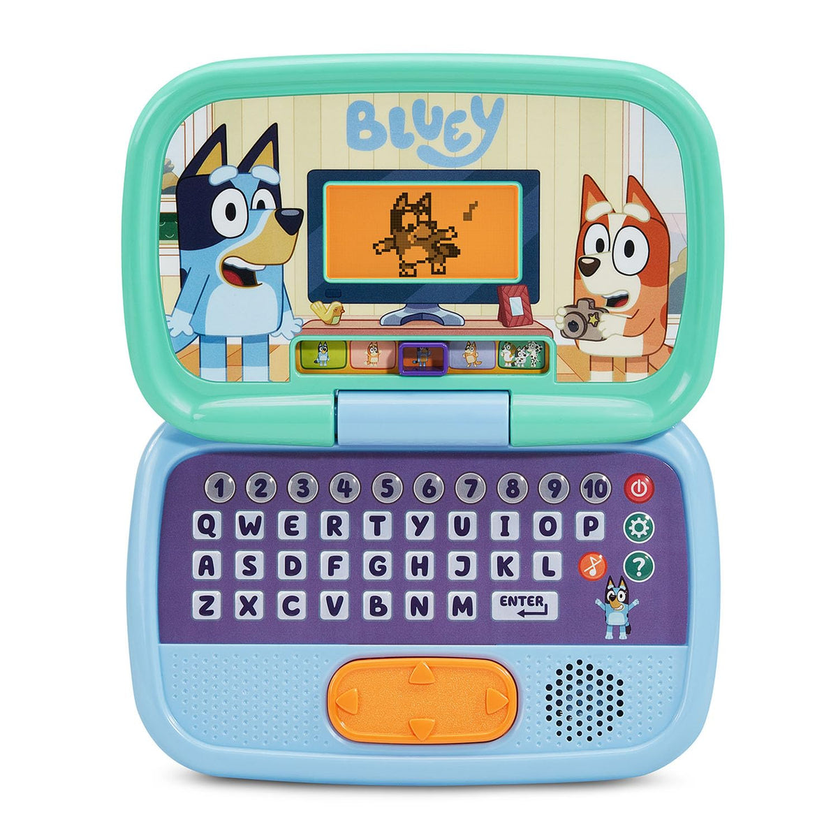 VTech Bluey Game Time Laptop character selector featuring Bluey and friends.