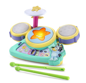 VTech Bluey Hooray Drum Set with illuminated pads for interactive rhythm.