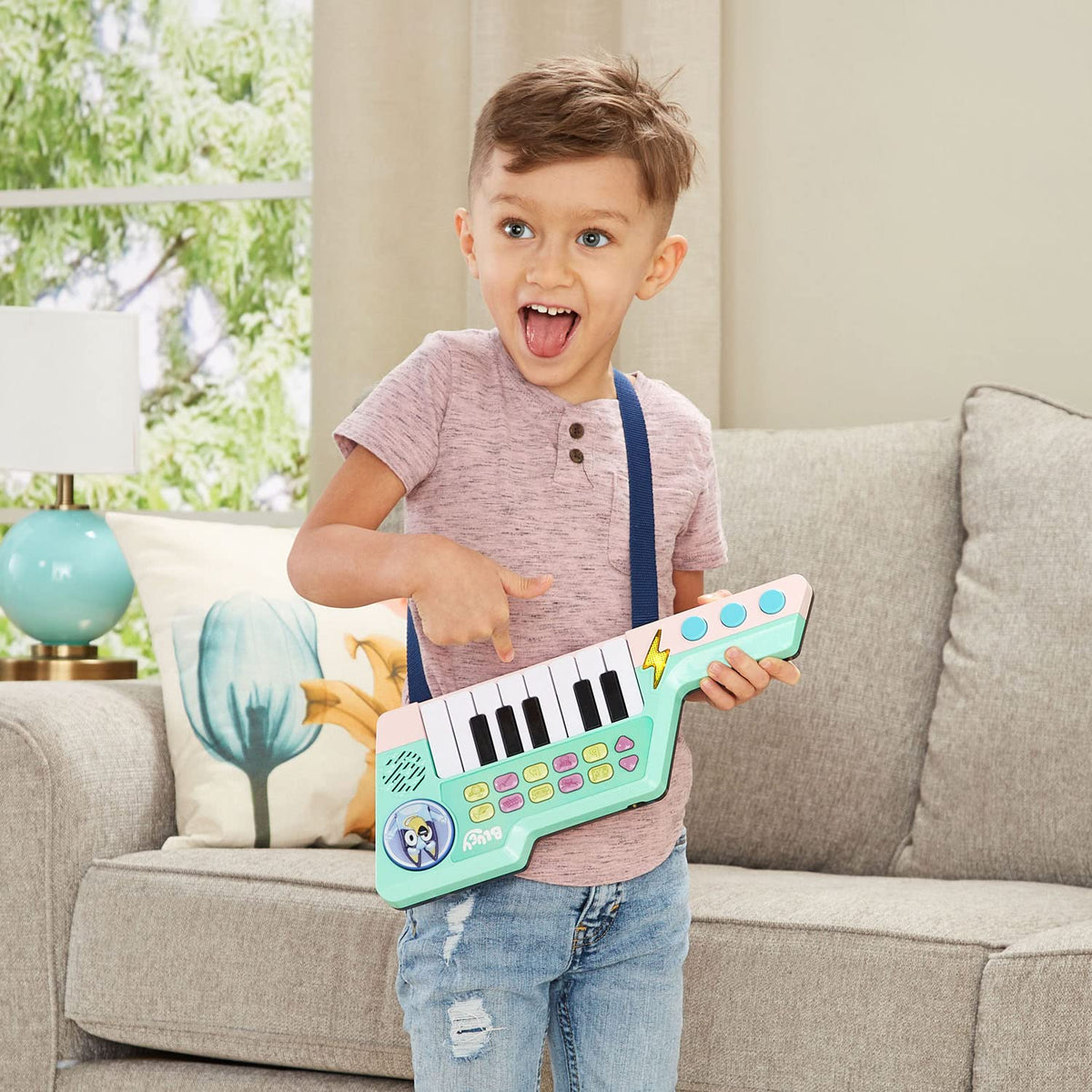 Press the Bluey button on the Keytar for familiar audio clips.