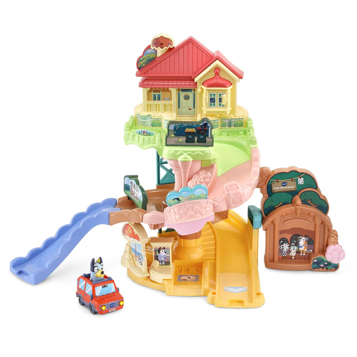 VTech Bluey Road Trip Playset: Heeler house launch scene to town, inviting imaginative play.