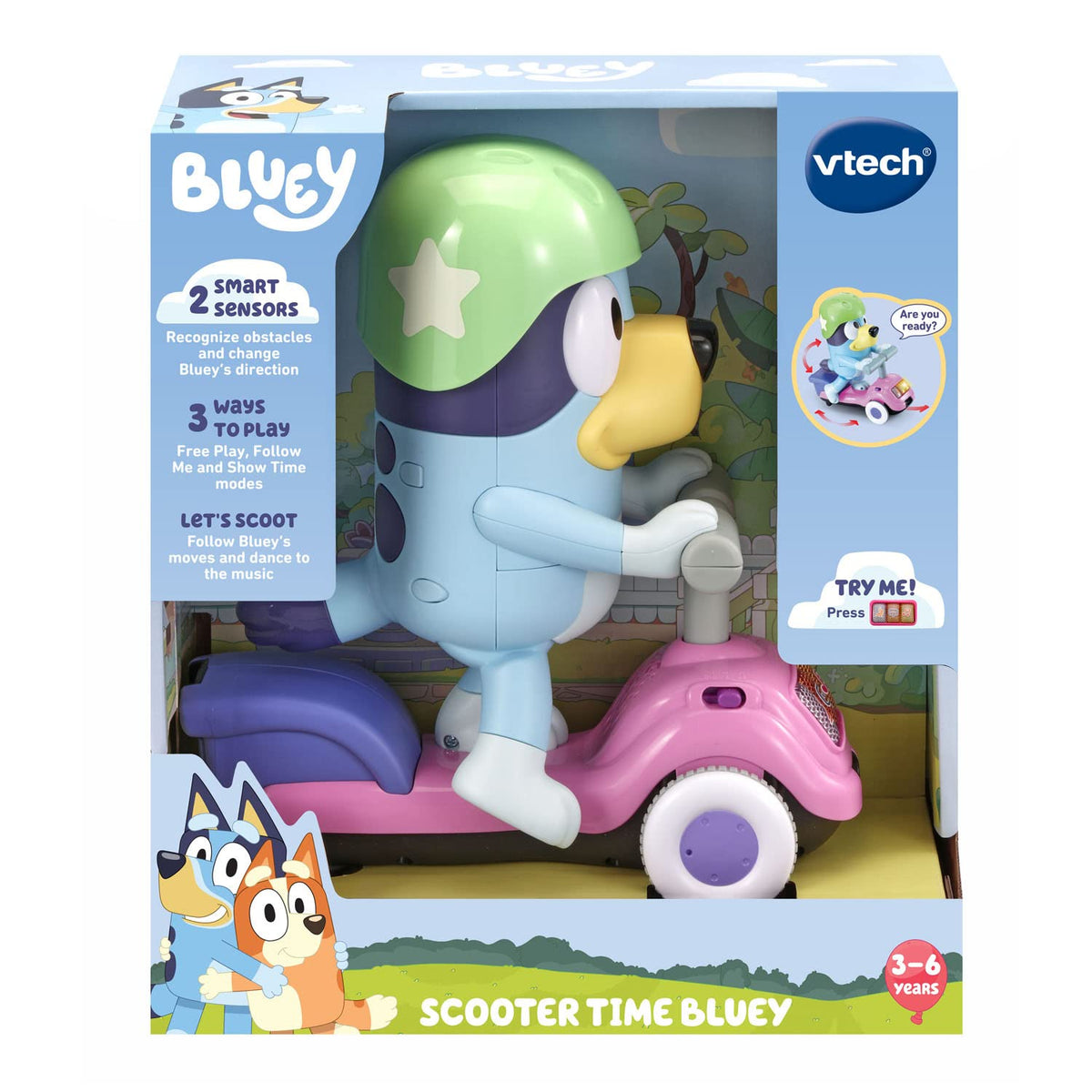 VTech Bluey Scooter Time Bluey joins a pretend chariot race scene