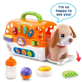 VTech Care for Me Carrier door with phrases and opposites for learning.