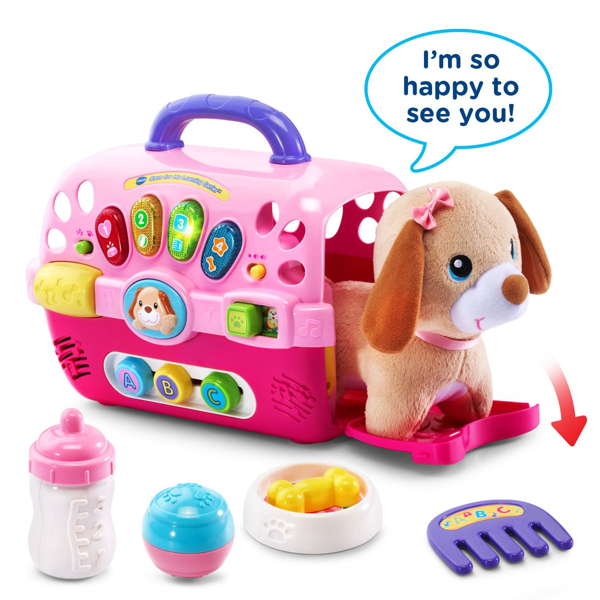 VTech Care for Me Learning Carrier pink plush puppy inside