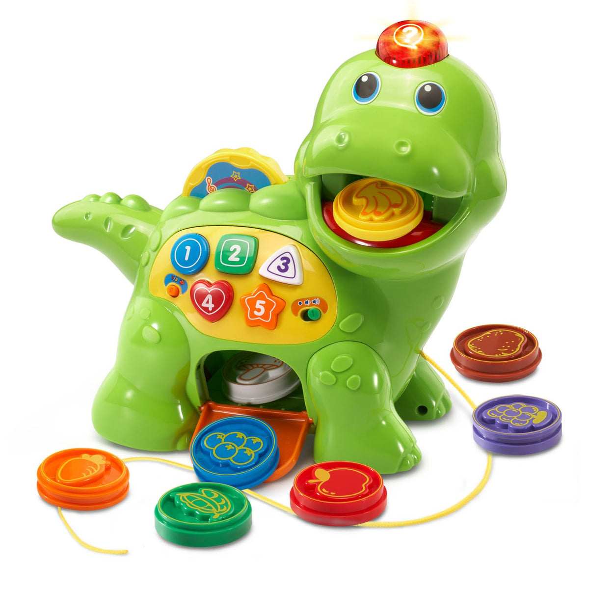 VTech Chomp and Count Dino eats with mouth-full action and piece recognition.