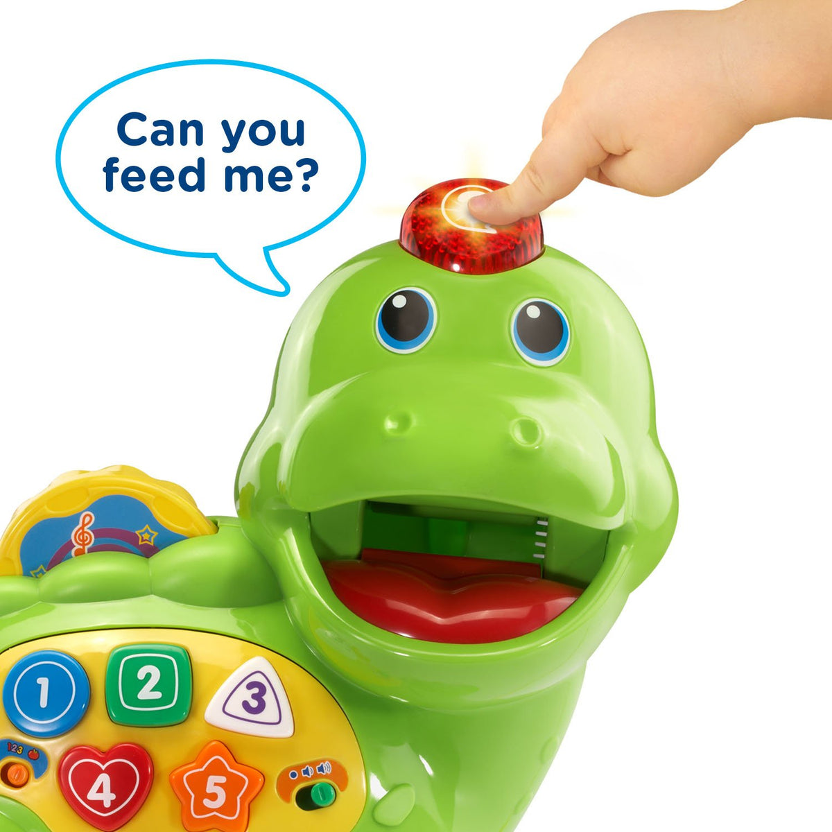 VTech Chomp and Count Dino demonstrates shapes and numbers through feeding play.