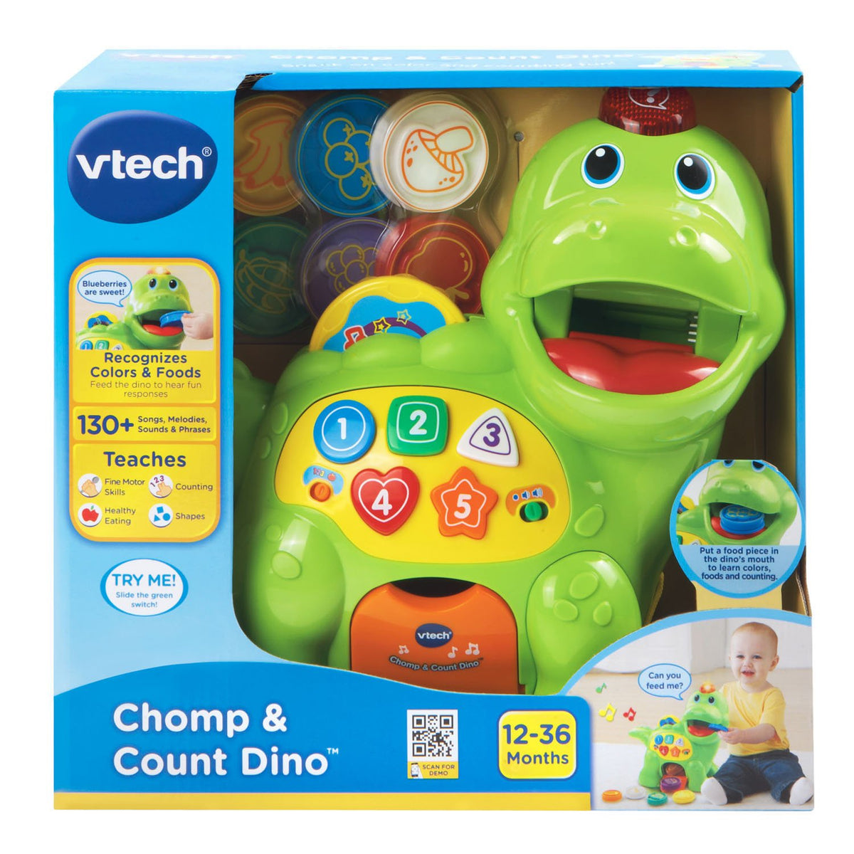 VTech Chomp and Count Dino volume control for toddler-safe sound.