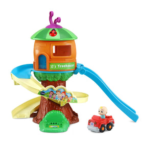 VTech CoComelon treehouse top view shows JJ and colorful track for imaginative play.