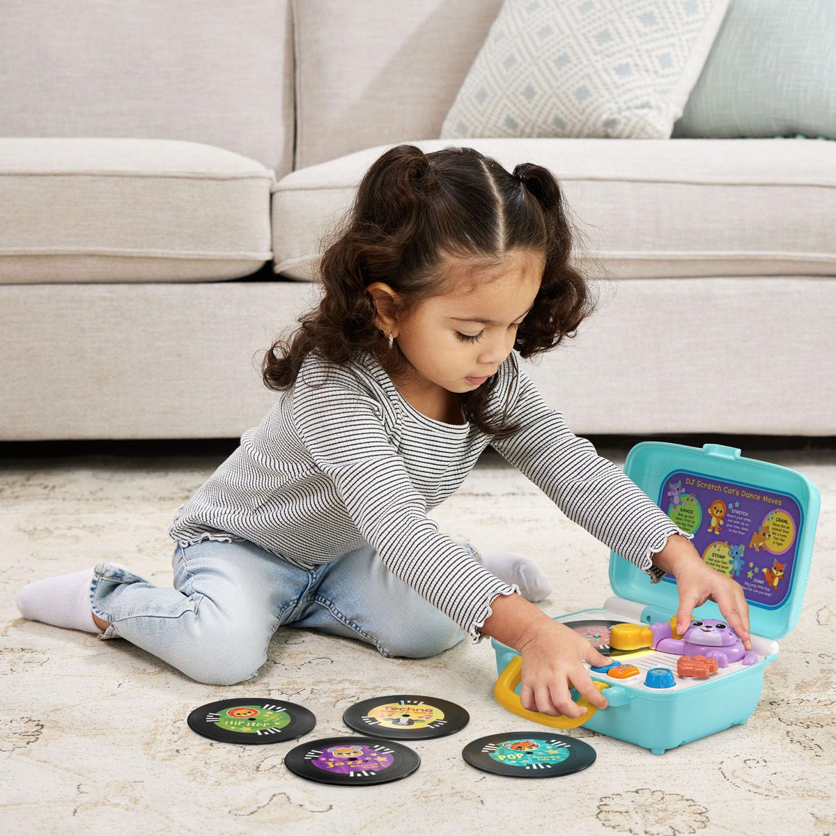 VTech DJ Scratch Cat Record Player includes demo batteries for initial play