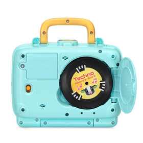 VTech DJ Scratch Cat Record Player shows five double‑sided records with multiple styles