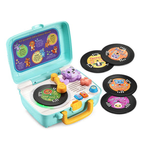 VTech DJ Scratch Cat Record Player turntable lights up as it spins, attracting toddler attention