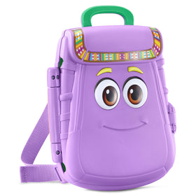 VTech Dora backpack opened reveals compartments for interactive bilingual games.