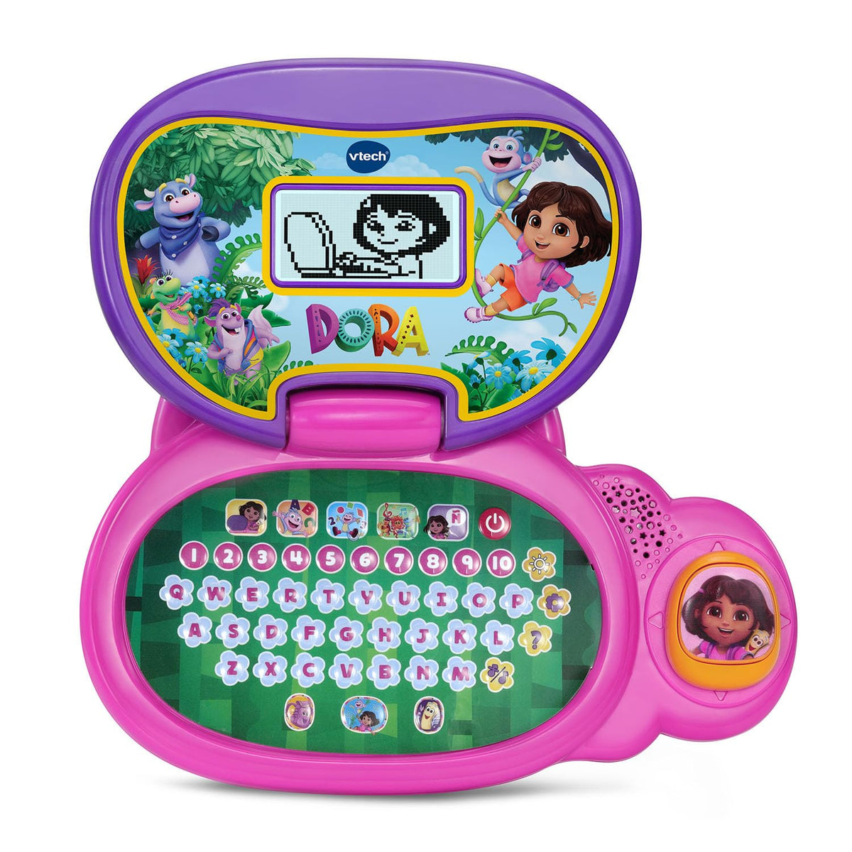 VTech Dora activity buttons illustrate 13 bilingual adventures for words and numbers