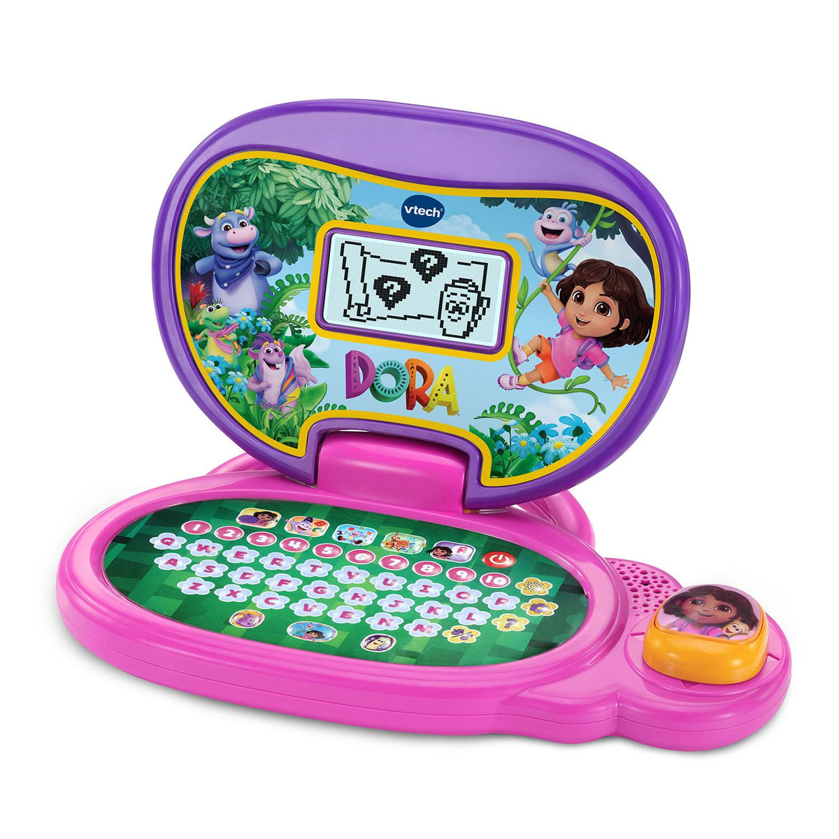 VTech Dora keyboard close-up highlights typing practice and early computer skills
