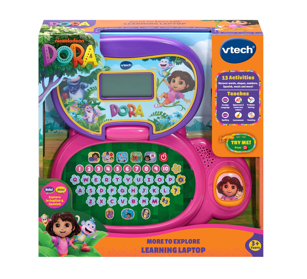 VTech Dora packaging image demonstrates target age 3+ and included demo batteries
