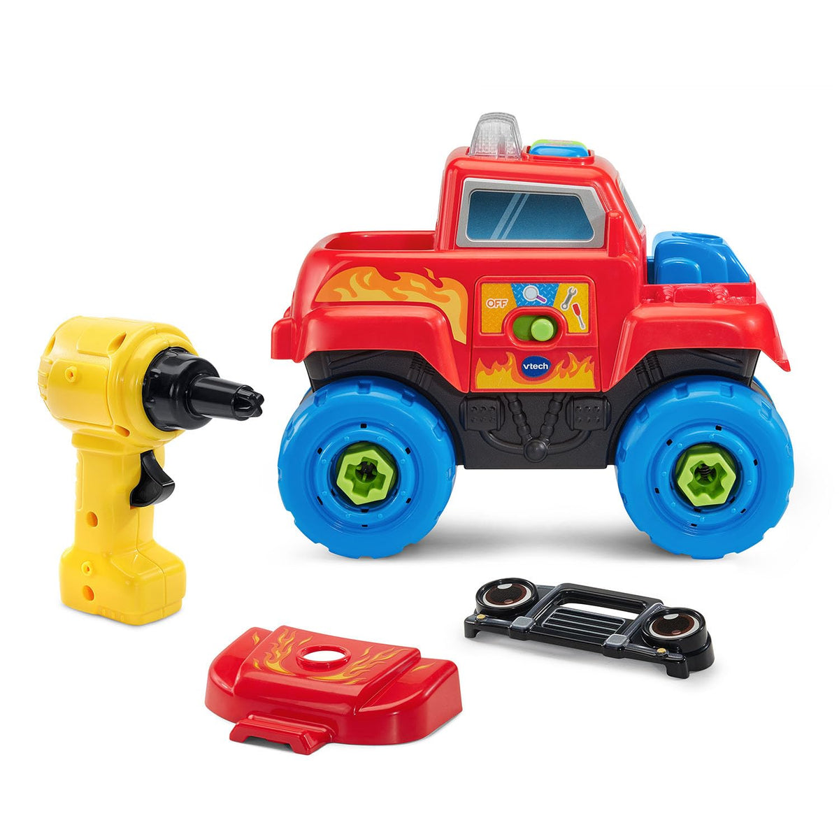 VTech Drill and Learn Monster Truck Go button with lights illustrates autonomous rolling play