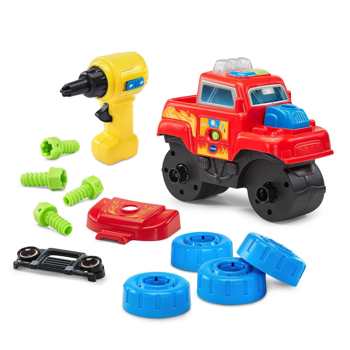 VTech Drill and Learn Monster Truck hood off photo shows interactive repair scenario for motor skills