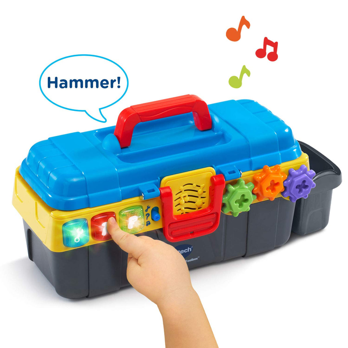 VTech Drill and Learn Toolbox gear-click visual with rotating gears and sounds.
