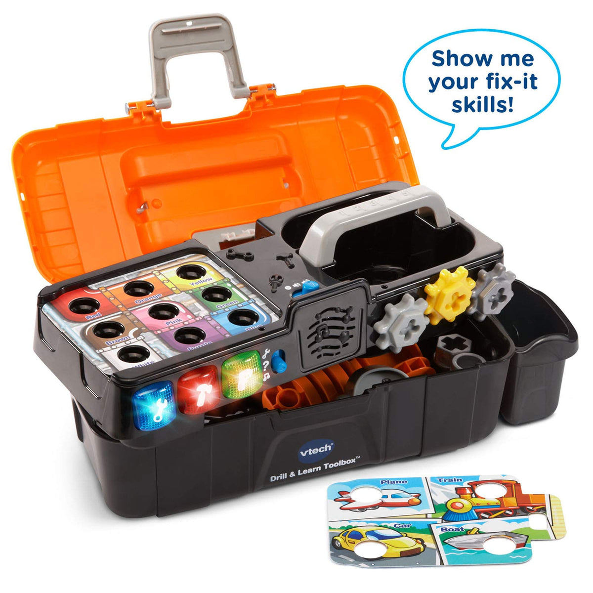 VTech Drill and Learn Toolbox toy drill spins gears and bolts into tray holes for motor skill practice.