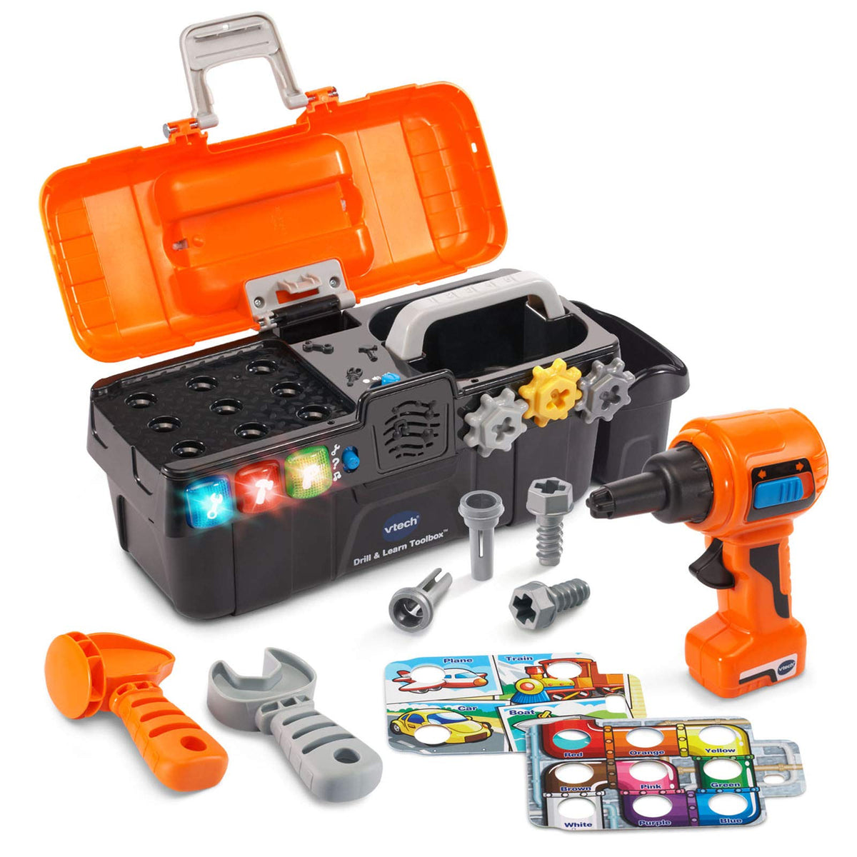 VTech Drill and Learn Toolbox opens to reveal interactive fix-it tray for pretend play.