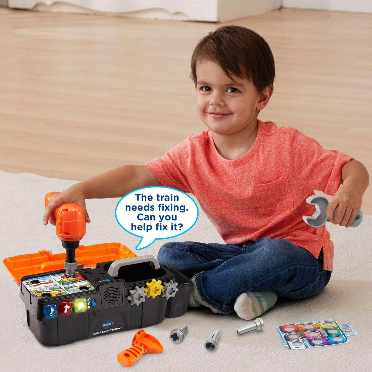 VTech Drill and Learn Toolbox bright orange toolbox is easy to grip and store.