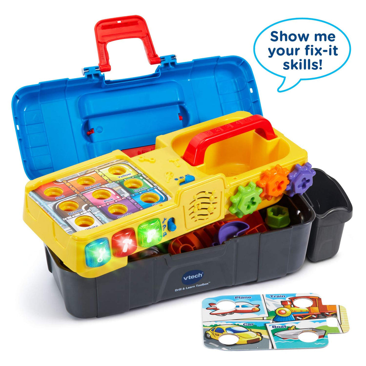 VTech Drill and Learn Toolbox toy drill spins gears for fine motor play.
