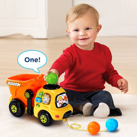 VTech Drop and Go Dump Truck orange batteries included for demo; use fresh batteries for regular use