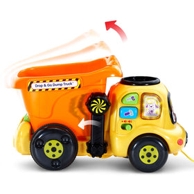 VTech Drop and Go Dump Truck orange hinged bucket; lift to unload rocks and restart play