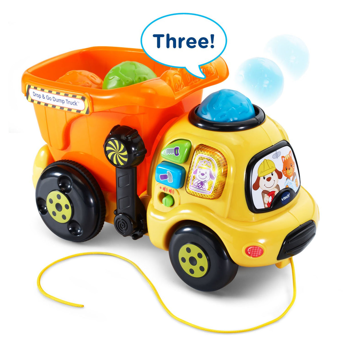 VTech Drop and Go Dump Truck orange rock in bucket; encourages fine motor skills during play