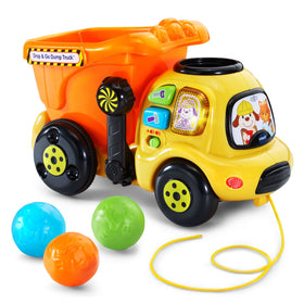 VTech Drop and Go Dump Truck orange top rock; engages toddlers with color counting play