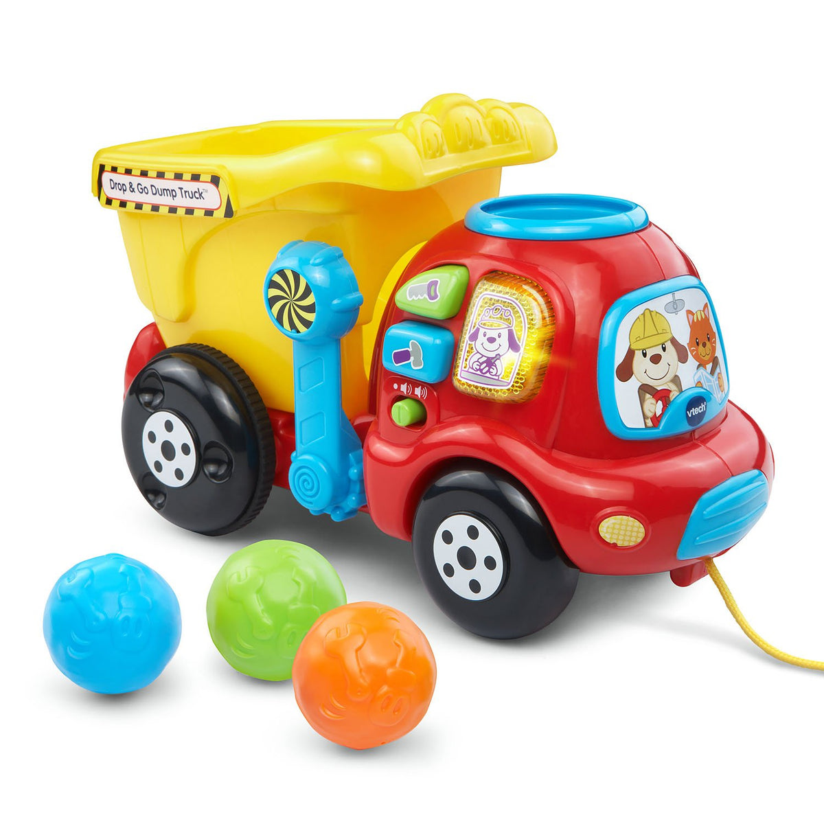 VTech Drop and Go Dump Truck yellow front view teaches numbers with rocks