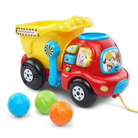 VTech Drop and Go Dump Truck yellow front view teaches numbers with rocks
