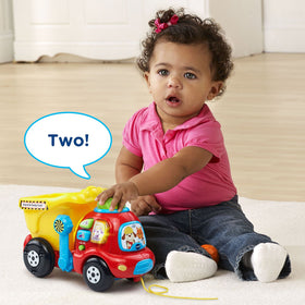 VTech Drop and Go Dump Truck yellow hinged bucket for unloading and retry play