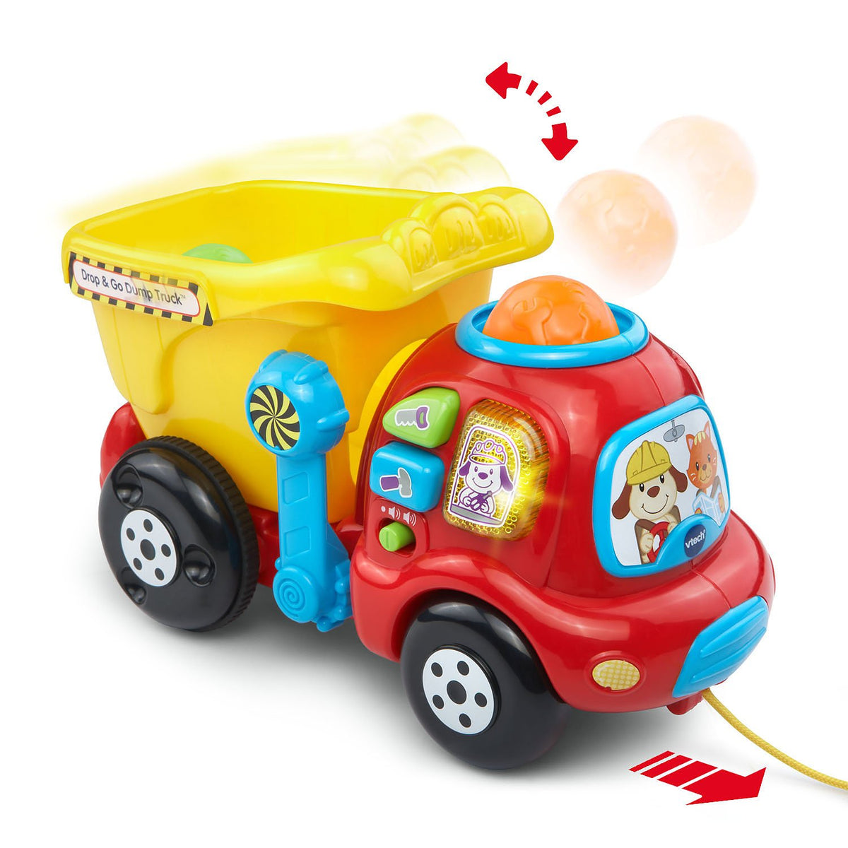 VTech Drop and Go Dump Truck yellow rocks in bucket demonstrate cause and effect play