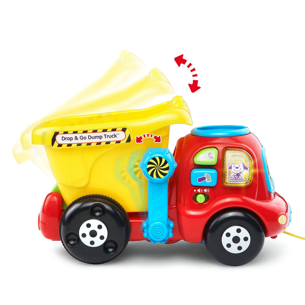 VTech Drop and Go Dump Truck yellow top opening for dropping rocks into the bucket