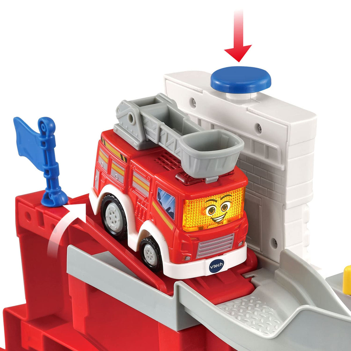 VTech Go! Go! Smart Wheels Firehouse garage door opening invites interactive storytelling and problem solving.