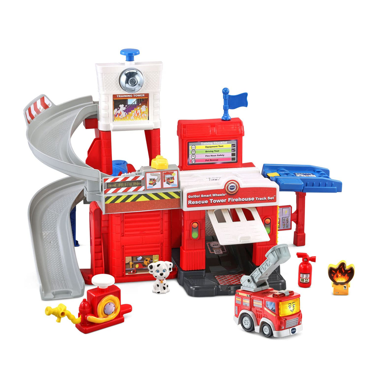 VTech Go! Go! Smart Wheels Rescue Tower Firehouse front view for imaginative rescue play.