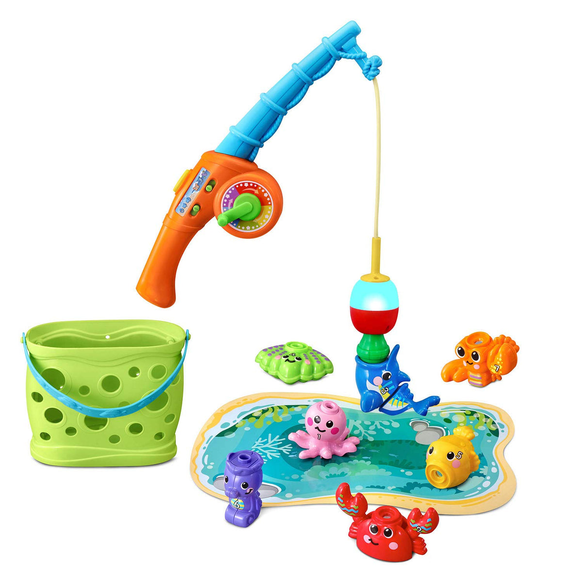 VTech Jiggle and Giggle Fishing Set bobber glows to match creature color and aid learning