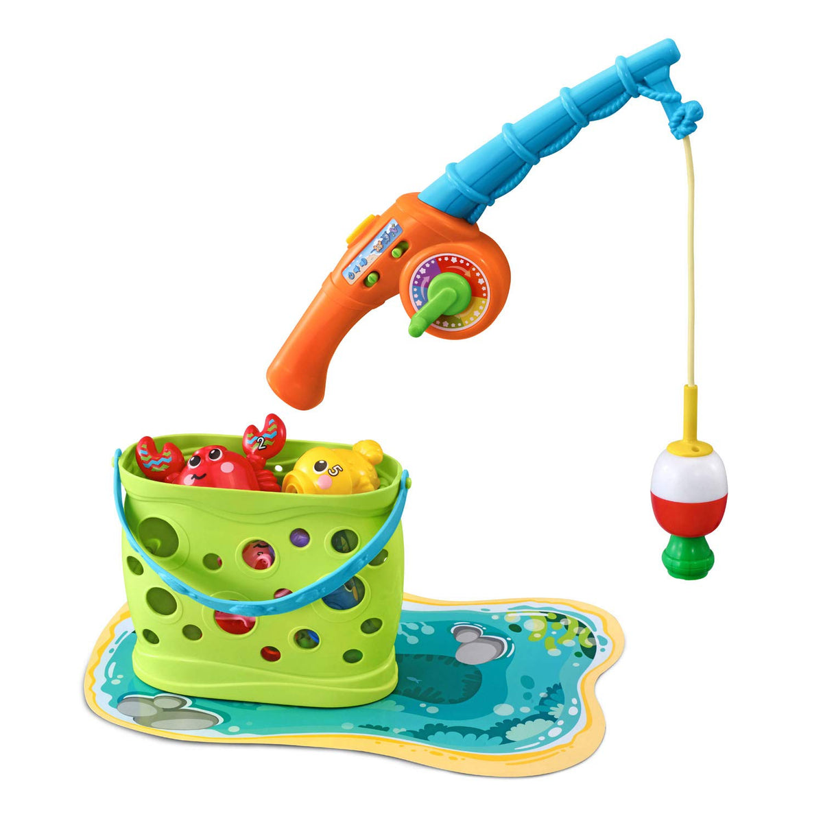 Seven sea creatures on the pond playmat from VTech Jiggle and Giggle Fishing Set