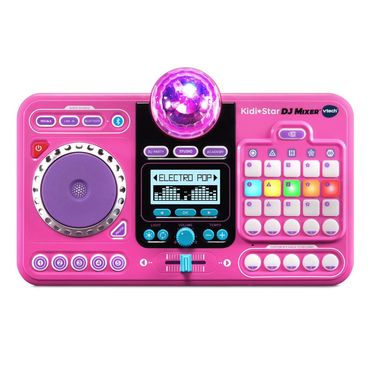 VTech Kidi Star DJ Mixer pink play panel shows easy controls for creative mixing
