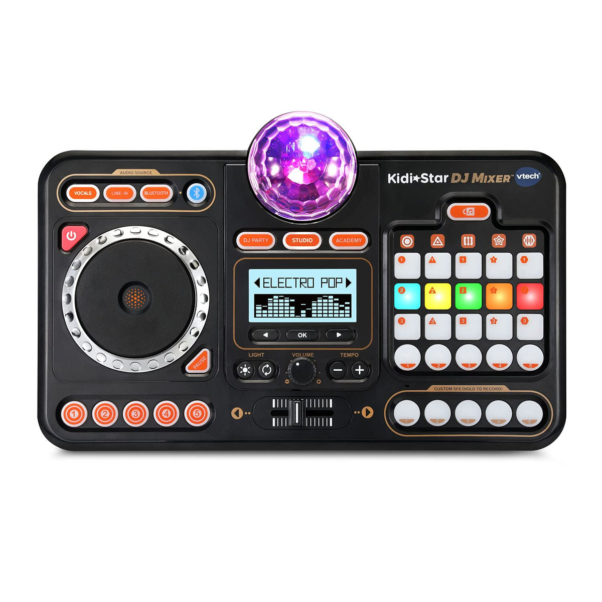 VTech Kidi Star DJ Mixer scratch dials showcase creative beat mixing.