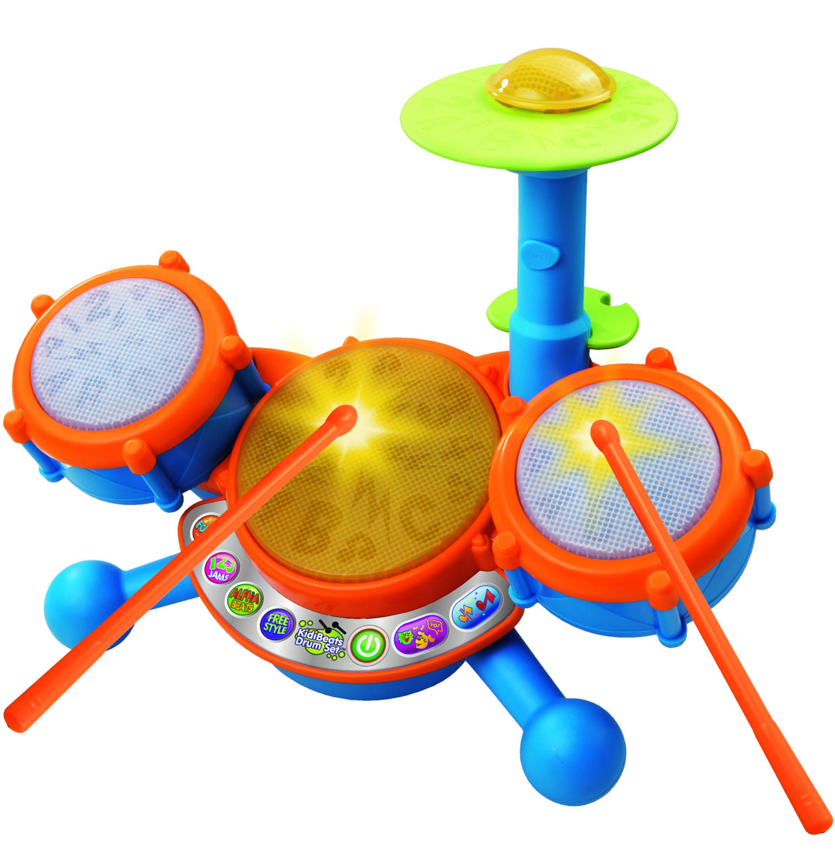 VTech KidiBeats pads glow as kids tap for sensory exploration.