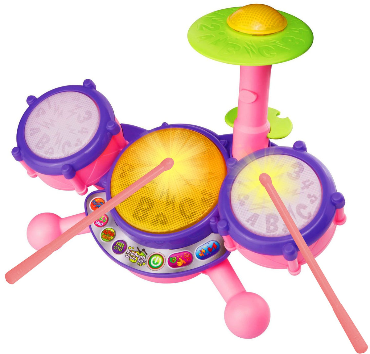 VTech KidiBeats pink pads glow for sensory play and rhythm practice.