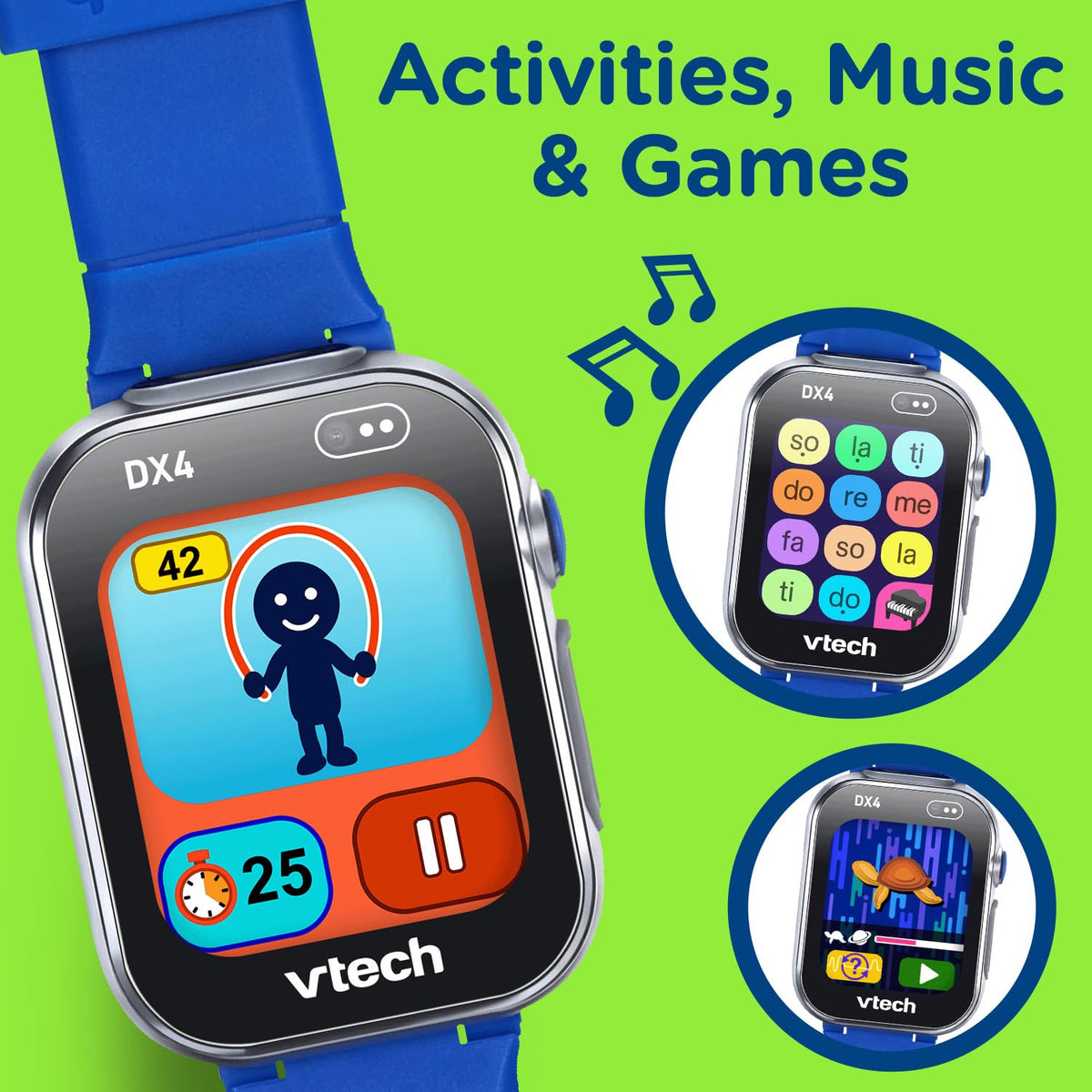 VTech KidiZoom DX4 blue splash-proof metal body stands up to active adventures