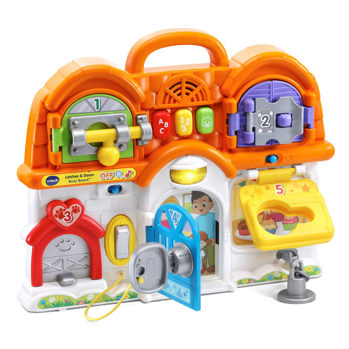 VTech Latches and Doors Busy Board latches closeup supports fine motor practice