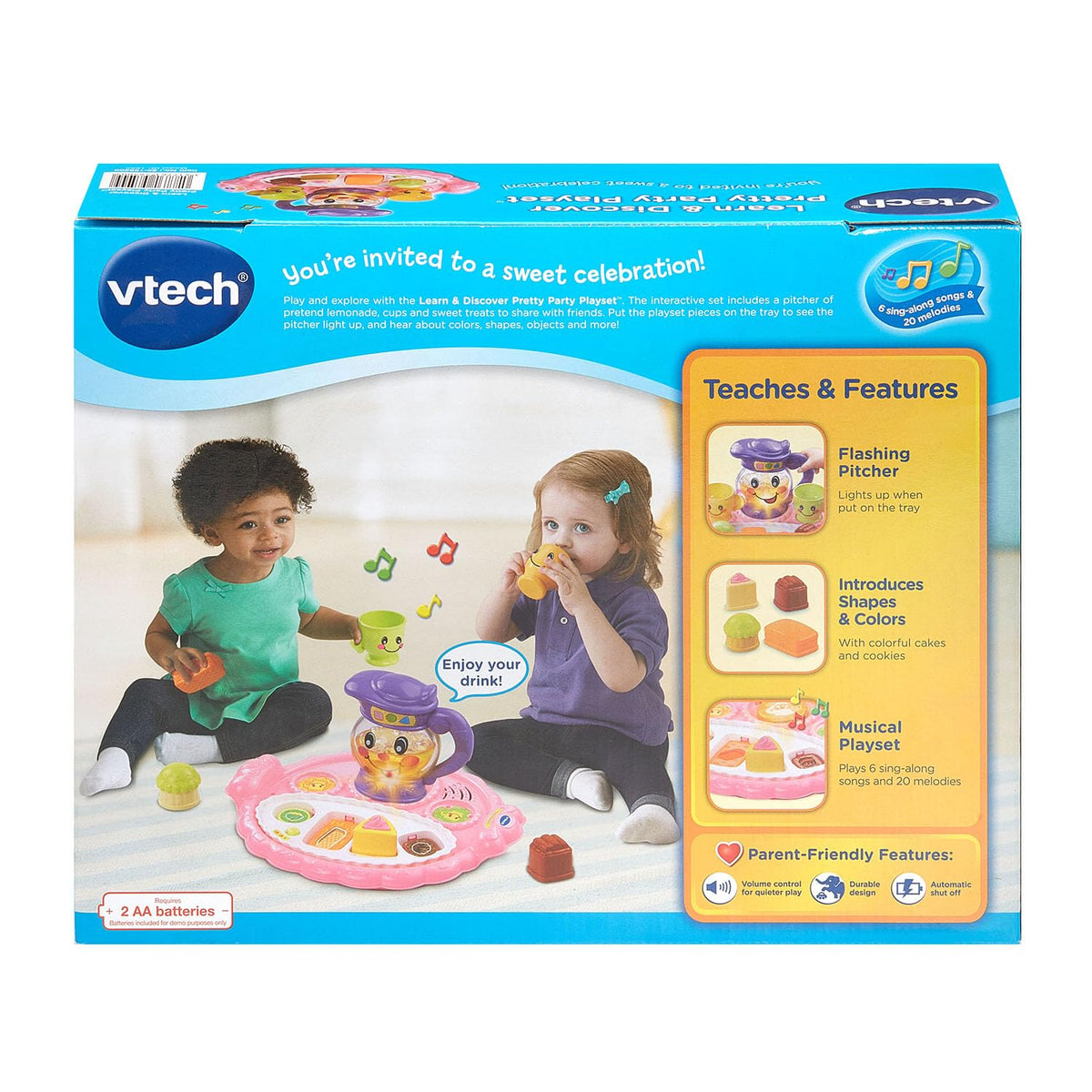 VTech Learn and Discover Pretty Party Playset tea set supports social play for toddlers.